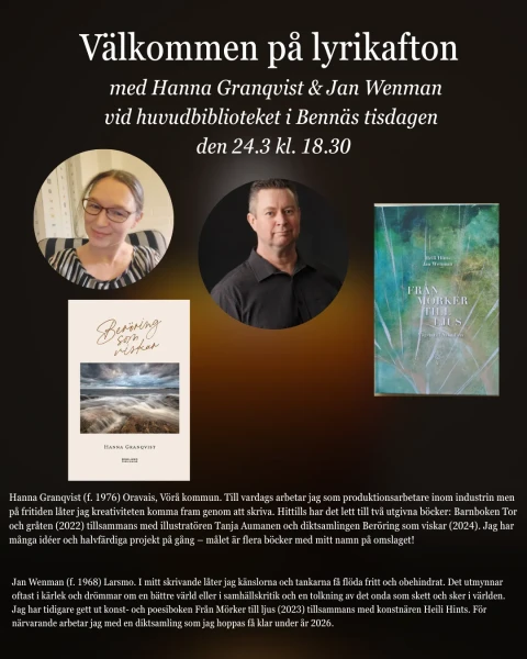 Hanna Granqvist f  1976 Oravais Vora kommun  Till vardags arbetar jag som produktionsarbetare inom industrin men pa fritiden later jag kreativiteten komma fram genom att skriva  Hittills har de 2