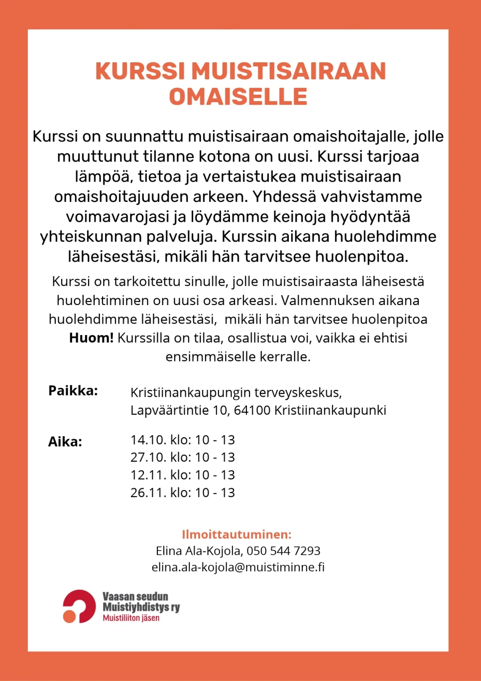 Kurssi muistisairaan omaiselle Kristiinankaupunki